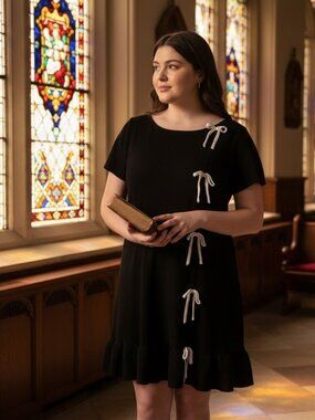 🖤 Youth Knit Midi Dress – Size Large – Black Dress with White Ribbon Detail 🖤